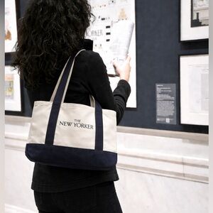 The New Yorker Vintage Small Canvas Tote Bag Book Bag Navy Blue Natural